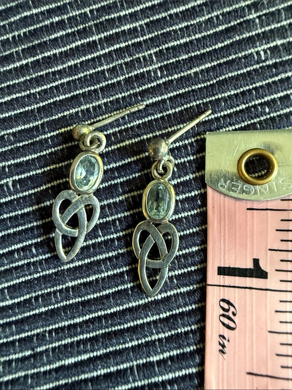 Vintage .925 Sterling Silver Celtic Trinity Knot Blue Topaz Drop Earrings 1"